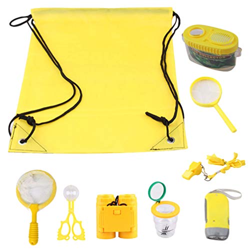 Cabilock Kit de Explorador para Exteriores de 9 Piezas para Niños Juego de Aventura Al Aire Libre con Bolsa con Cordón Binoculares Cazamariposas Educativo de Juguetes de Exploración (Amarillo)