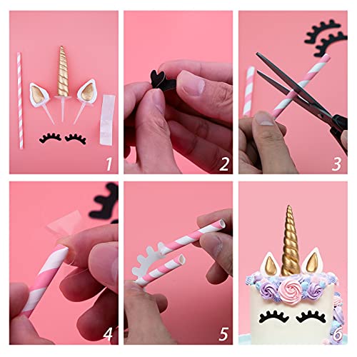 Cake Topper, LUTER 5 Cuenta Oro Hecho a Mano Feliz Cumpleaños Pastel Decoración Cumpleaños Cake toppers, Unicornio Cuerno, Orejas y Pestañas, Decoraciones Pasteles/Cumpleaños/Boda … (6 x 1.37)