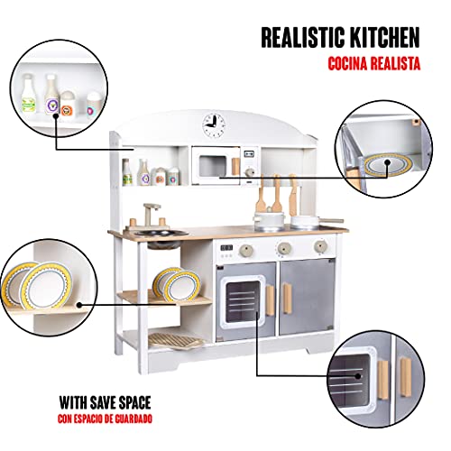 Calma Dragon Cocina de Madera BL-19203, Grande, Cocinita de Juguete Infantíl, con Microondas, Fregadero, Horno y 13 Accesorios.