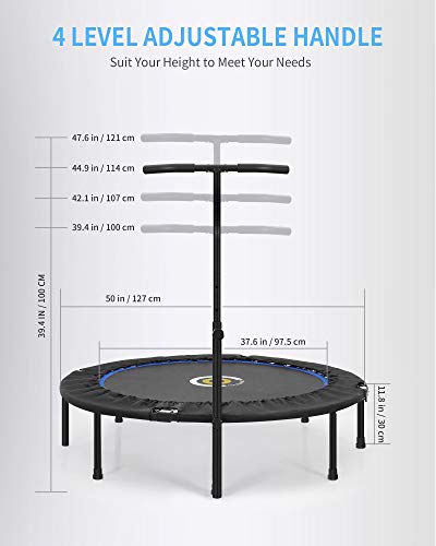 CAMBIVO Trampolín para adultos, pequeño trampolín de fitness de 50 pulgadas con mango de espuma ajustable, trampolín de ejercicio plegable para, hogar, interior, entrenamiento, carga máxima 150 kg