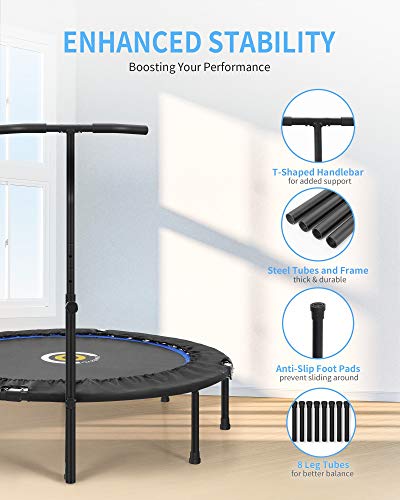 CAMBIVO Trampolín para adultos, pequeño trampolín de fitness de 50 pulgadas con mango de espuma ajustable, trampolín de ejercicio plegable para, hogar, interior, entrenamiento, carga máxima 150 kg