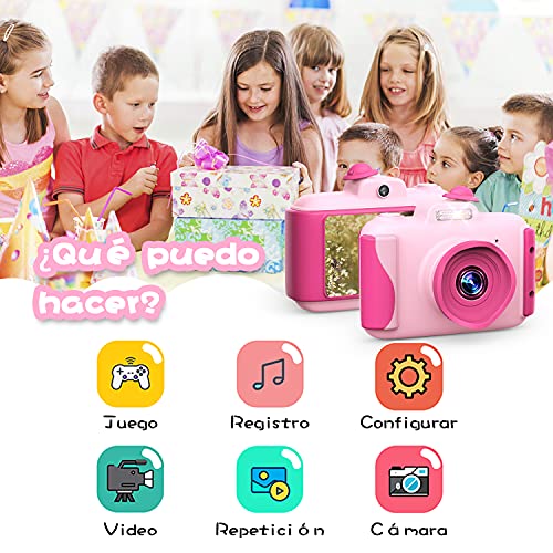 CAMFUN Cámara para niños y niñas, Cámara para niños para 3 4 5 6 7 8 9 10 11 12 años, Cámara de video digital para niños, Juguetes para niños con pantalla de 2.4 pulgadas 1080P, 32GB TF Tarjeta, Rosa