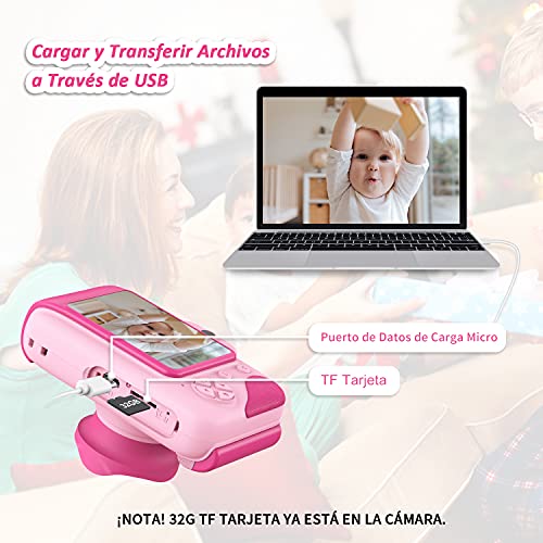 CAMFUN Cámara para niños y niñas, Cámara para niños para 3 4 5 6 7 8 9 10 11 12 años, Cámara de video digital para niños, Juguetes para niños con pantalla de 2.4 pulgadas 1080P, 32GB TF Tarjeta, Rosa