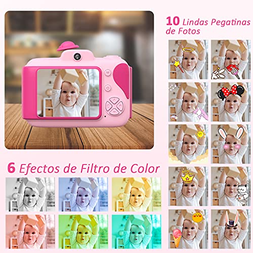 CAMFUN Cámara para niños y niñas, Cámara para niños para 3 4 5 6 7 8 9 10 11 12 años, Cámara de video digital para niños, Juguetes para niños con pantalla de 2.4 pulgadas 1080P, 32GB TF Tarjeta, Rosa