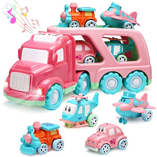 Camión de Transporte de Coches de Juguete (5 en 1) con Luces y Sonidos, Juguete Rosa para Niñas Pequeñas, Trailer de Doble Planta con Vehículos, Regalo de Cumpleaños y Fiesta de Navidad para Niños