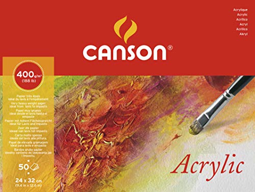 Canson Acrylic, Bloc Encolado, 24x32 cm, 50 Hojas, Grano Fino 400g