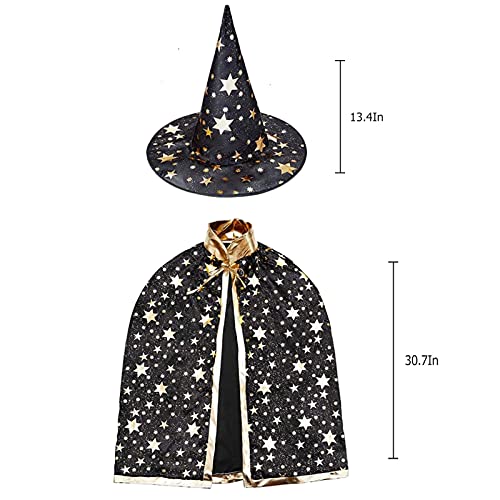 Capa de Mago de Halloween para Ninos,Capa de mago con sombrero,Disfraz de Halloween para niños,Infantil Capa de Halloween,para Niños Niña Disfraz de Cosplay Fiesta Estilo de Estrella (negro)