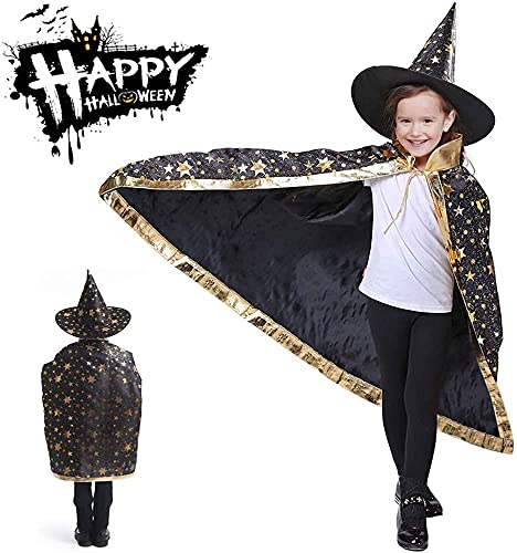 Capa de Mago de Halloween para Ninos,Capa de mago con sombrero,Disfraz de Halloween para niños,Infantil Capa de Halloween,para Niños Niña Disfraz de Cosplay Fiesta Estilo de Estrella (negro)