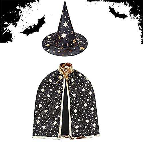 Capa de Mago de Halloween para Ninos,Capa de mago con sombrero,Disfraz de Halloween para niños,Infantil Capa de Halloween,para Niños Niña Disfraz de Cosplay Fiesta Estilo de Estrella (negro)