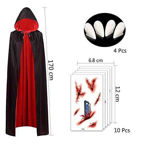 Capa de Vampiro, Vampiro Capucha Capa, Capa Reversible Negro Rojo, Capa Dracula con Tatuaje de Impresión de Sangre y Dientes de Vampiro para Adultos Fiesta de Halloween Cosplay, 170cm