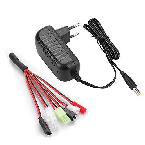 Cargador Airsoft para Batería Nimh/Nicd 2-10s 2,4-12V, Cargador RC Inteligente para Coche RC, Barco RC, Drone,Maquetas,Pistola de aire, con 5 Adaptador Mini Tamiya/Estándar Tamiya/JST/SM 2P/HuanQi