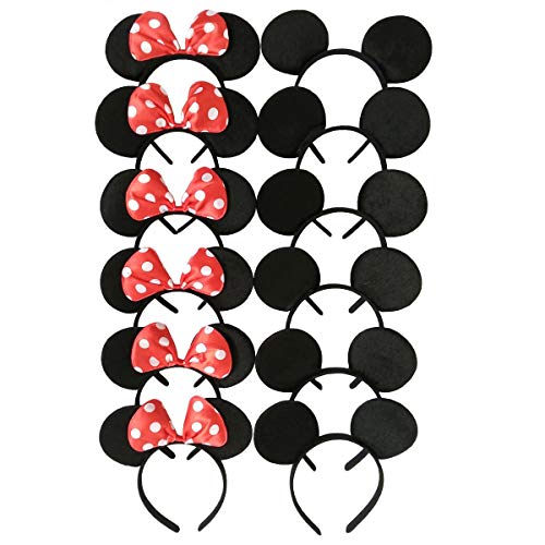 Carnavalife Pack 12 Diademas de Orejas de Mouse Ratón Minnie y Mickey con Puntos Blancos, Fiestas de disfraz para Cosplay, Accesorios de DIY para Cumpleaños (RHP-15*6 + RHP-14*6)