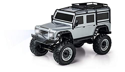 Carson Land Rover Defender 500404172 - Coche teledirigido (Escala 1:8, Incluye Pilas y Control Remoto, Velocidad km/h, Tiempo de conducción: 20 min), Color Plateado