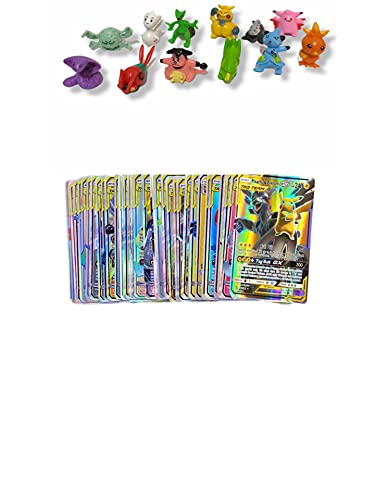 Cartas Pokémon coleccionables 100 Unidades + 12 muñecos Pokemon incluidos, Juego de Cartas coleccionables, Cartas de Batalla, Cartas Raras, Tarjetas Brillantes.