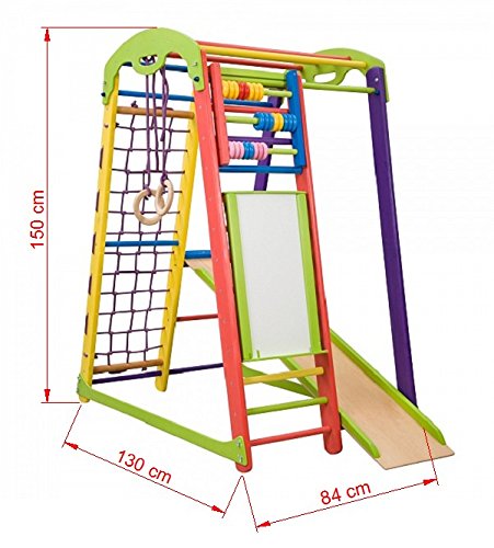 Centro de actividades con tobogán"JuniorColor-Plus" red de escalada, anillos, escalera sueco, campo de juego infantil