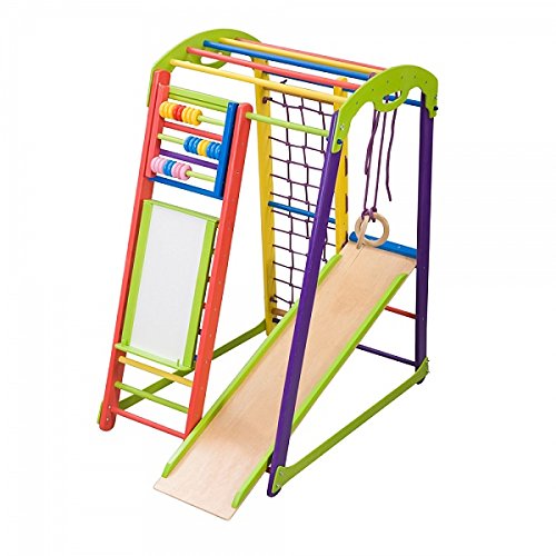 Centro de actividades con tobogán"JuniorColor-Plus" red de escalada, anillos, escalera sueco, campo de juego infantil