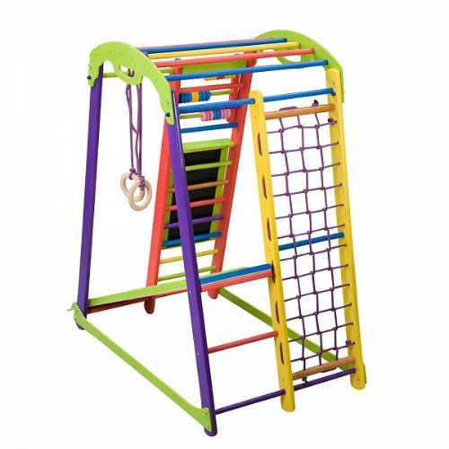 Centro de actividades con tobogán"JuniorColor-Plus" red de escalada, anillos, escalera sueco, campo de juego infantil