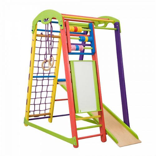 Centro de actividades con tobogán"JuniorColor-Plus" red de escalada, anillos, escalera sueco, campo de juego infantil