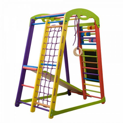 Centro de actividades con tobogán"JuniorColor-Plus" red de escalada, anillos, escalera sueco, campo de juego infantil