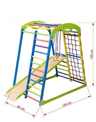 Centro de actividades con tobogán"Sportwood" red de escalada, anillos, escalera sueco, campo de juego infantil