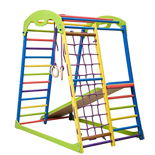 Centro de actividades con tobogán"Sportwood" red de escalada, anillos, escalera sueco, campo de juego infantil