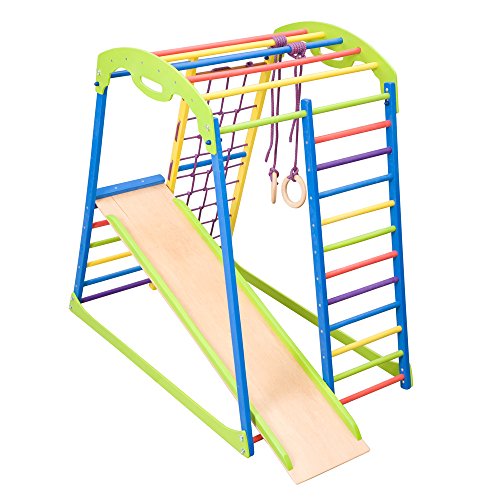 Centro de actividades con tobogán"Sportwood" red de escalada, anillos, escalera sueco, campo de juego infantil