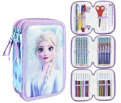 Cerdá - Estuche Plumier Triple con Rotuladores Giotto de Frozen 2 con Lentejuelas - Licencia Oficial Marvel Studios, Multicolor, 12.5 x 19.5 x 6.5 cm