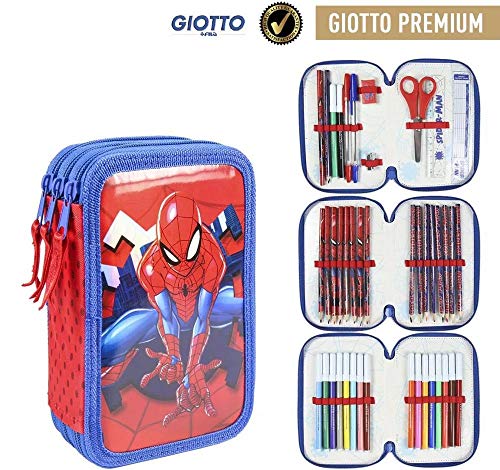 Cerdá, Estuche Plumier Triple con Rotuladores Giotto de Spiderman-Licencia Oficial Marvel Studios Unisex niños, Multicolor, 12.5 X 19.5 X 6.5 CM