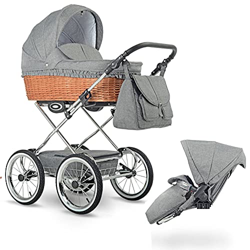 Cesta de mimbre retro hecha a mano Ruedas neumáticas 8 colores Retro by Lux4Kids Silver R01 Silla de auto 4 en 1 + ISOFIX