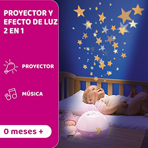 Chicco Buenas Noches Estrellitas Rosa, Lámpara Bebé Multicolor con Luz Quitamiedos y Proyector de Estrellas, Proyector Infantil con Música Relajante y Peluche Extraíble – Juguetes Bebé 0+ Meses