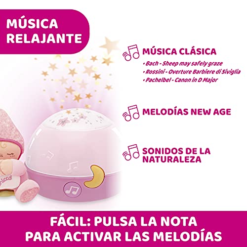 Chicco Buenas Noches Estrellitas Rosa, Lámpara Bebé Multicolor con Luz Quitamiedos y Proyector de Estrellas, Proyector Infantil con Música Relajante y Peluche Extraíble – Juguetes Bebé 0+ Meses