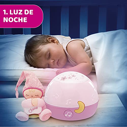 Chicco Buenas Noches Estrellitas Rosa, Lámpara Bebé Multicolor con Luz Quitamiedos y Proyector de Estrellas, Proyector Infantil con Música Relajante y Peluche Extraíble – Juguetes Bebé 0+ Meses