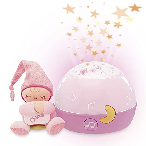 Chicco Buenas Noches Estrellitas Rosa, Lámpara Bebé Multicolor con Luz Quitamiedos y Proyector de Estrellas, Proyector Infantil con Música Relajante y Peluche Extraíble – Juguetes Bebé 0+ Meses