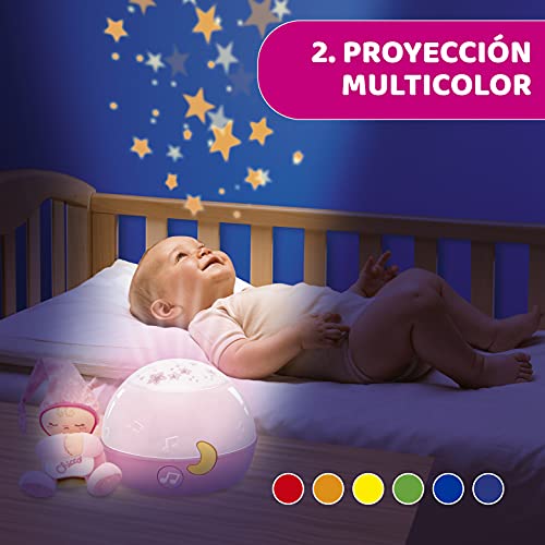 Chicco Buenas Noches Estrellitas Rosa, Lámpara Bebé Multicolor con Luz Quitamiedos y Proyector de Estrellas, Proyector Infantil con Música Relajante y Peluche Extraíble – Juguetes Bebé 0+ Meses