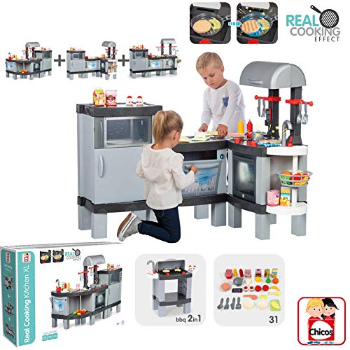 Chicos Cooking XL. Gran Modular Infantil con Efecto de Cocina Real: Los Alimentos cambian de Color Cuando se cocinan en el fogón LED. Incluye 31 Accesorios. (FJNinco 85120)