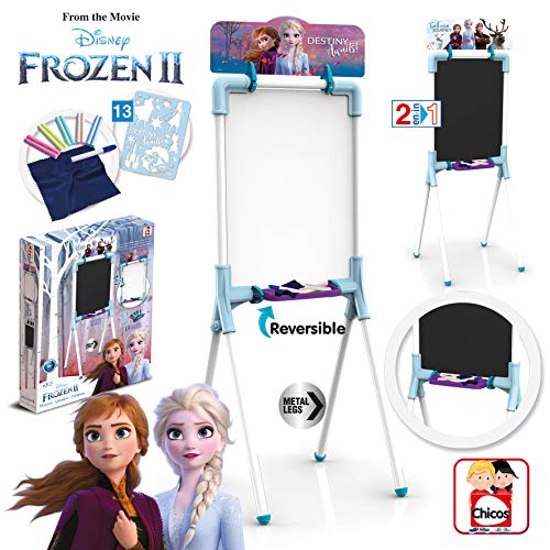 Chicos Disney Pizarra Junior Reversible 2 en 1, Incluye Rotulador, Tizas, un Borrador y una Plantilla de Frozen II, a Partir de 3 Años, Color Azul, 37 x 32.5 x 98 cm (Fábrica de Juguetes 53039)