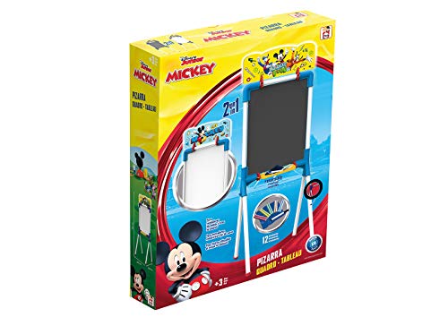 Chicos - Mickey Mouse Pizarra Junior, Reversible 2 En 1 para Rotuladores y Tizas, Incluye Rotulador, Tizas, Un Borrador y Una Plantilla de Mickey, a partir de 3 años, Azul, 37 X 32.5 X 98 cm