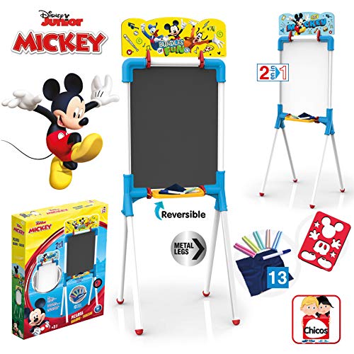 Chicos - Mickey Mouse Pizarra Junior, Reversible 2 En 1 para Rotuladores y Tizas, Incluye Rotulador, Tizas, Un Borrador y Una Plantilla de Mickey, a partir de 3 años, Azul, 37 X 32.5 X 98 cm