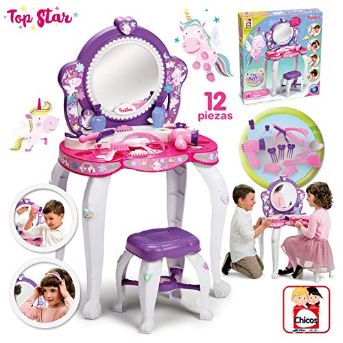 Chicos- Topstar Top Star - Tocador de Juguete con Diseño de Unicornios, Incluye Taburete y 12 Accesorios, a Partir de 3 años, Medidas - 51 x 56 x 85 cm (87398) , color/modelo surtido