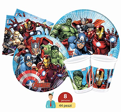 Ciao- Kit Mesa Fiesta Party Marvel Avengers Mighty para 8 personas (44 piezas: 8 platos de papel Ø23cm, 8 platos de papel Ø20cm, 8 vasos de plastico 200ml, 20 servilletas de papel 33x33cm), Y4951