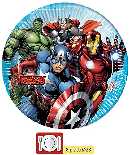 Ciao- Kit Mesa Fiesta Party Marvel Avengers Mighty para 8 personas (44 piezas: 8 platos de papel Ø23cm, 8 platos de papel Ø20cm, 8 vasos de plastico 200ml, 20 servilletas de papel 33x33cm), Y4951