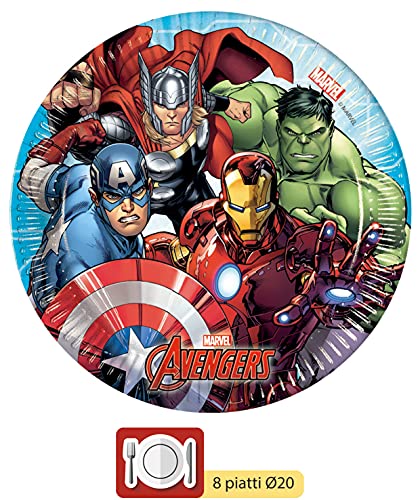 Ciao- Kit Mesa Fiesta Party Marvel Avengers Mighty para 8 personas (44 piezas: 8 platos de papel Ø23cm, 8 platos de papel Ø20cm, 8 vasos de plastico 200ml, 20 servilletas de papel 33x33cm), Y4951