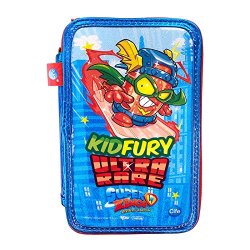 Cife SUPERZINGS Estuche Triple ZUPERZINGS Kid Fury Colores, 16 rotuladores, Bolis, Regla, Calendario, lápiz, Goma, Multicolor con Glitter (42044)