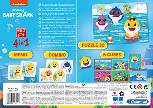 Clementoni-18099 - Edukit 4 en 1 - Baby Shark - juego educativo con memo, puzzle, cubos con dibujos y dominó a partir de 3 años