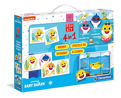 Clementoni-18099 - Edukit 4 en 1 - Baby Shark - juego educativo con memo, puzzle, cubos con dibujos y dominó a partir de 3 años