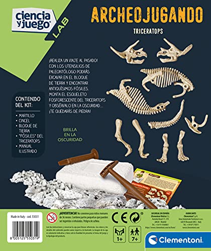 Clementoni-55031 - Arqueojugando Triceratops fosforescente - juego científico para excavar y montar dinosaurios a partir de 7 años