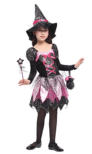 Cloudkids Disfraz de Bruja para Niñas Infantil con Sombrero de Bruja Hechicera- Niña - Disfraz - Carnaval - Halloween - Cosplay - Accesorios, Color Negro-Rosa- Talla XL, 10 a 12 años