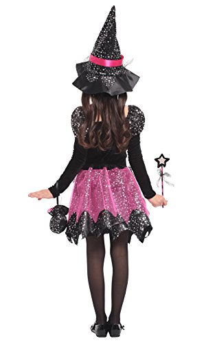 Cloudkids Disfraz de Bruja para Niñas Infantil con Sombrero de Bruja Hechicera- Niña - Disfraz - Carnaval - Halloween - Cosplay - Accesorios, Color Negro-Rosa- Talla XL, 10 a 12 años