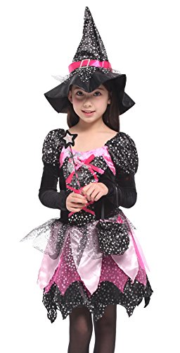 Cloudkids Disfraz de Bruja para Niñas Infantil con Sombrero de Bruja Hechicera- Niña - Disfraz - Carnaval - Halloween - Cosplay - Accesorios, Color Negro-Rosa- Talla XL, 10 a 12 años