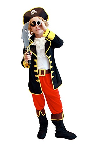 Cloudkids Disfraz de Capitán Pirata para Niños (M 4-6 años) Disfraz de Halloween Cosplay Traje de Pirata para los niños - Infantil Disfraces Incluye Sombrero Parche y Cinturón